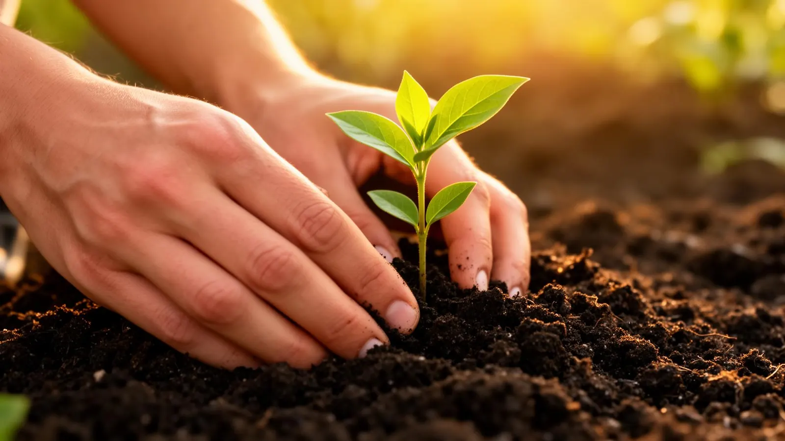Manos sembrando una planta en tierra fértil